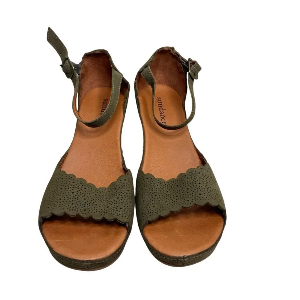 Sundance Olive Leather Laser Cut Wedge Sandals Size 39 New Vacation Capsule